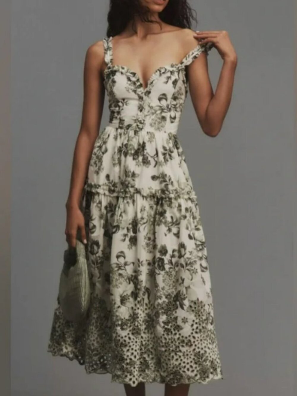 Anthropologie Sleeveless Sweetheart A-line Midi Green White Floral Dress Large